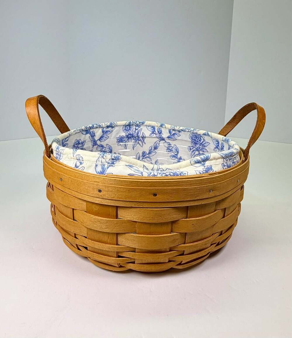 Longaberger Handwoven Basket with Blue Floral Fabric Liner and Plastic Insert